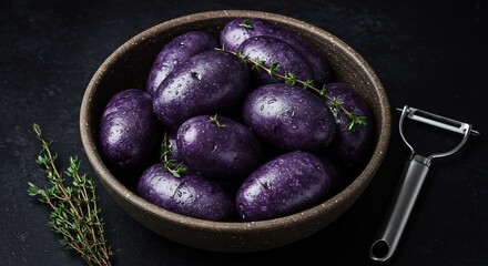 Dark bowl overflows with glistening purple potatoes and fresh thyme sprigs. AI Generated