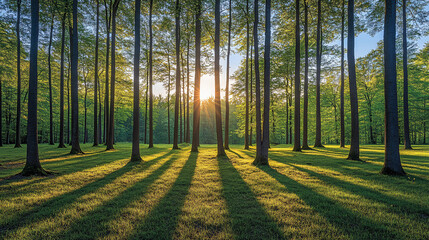 Radiant sunlight shining through dense trees creating beautiful patterns of light and shadow on the forest floor at dawn.