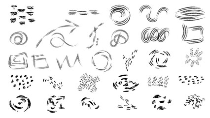 Set of black hand drawn doodle grunge line elements curved charcoal, chalk arrows,abstract shapes, graphic effects hand drawn childish funky shapes, crayon drawn squiggles and scrawls.