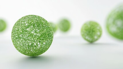 Several green spheres arranged against a bright white background