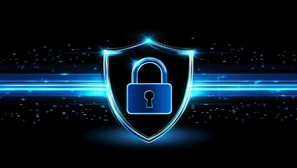 A futuristic cybersecurity shield composed of neon-blue pixels is disintegrating against a dark background