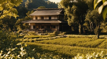 Fototapeta premium Tranquil Japanese House in Lush Green Surroundings