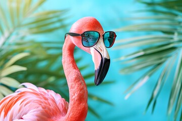 Pink flamingo with sunglasses striking a pose in a tropical setting for a stylish and summery theme