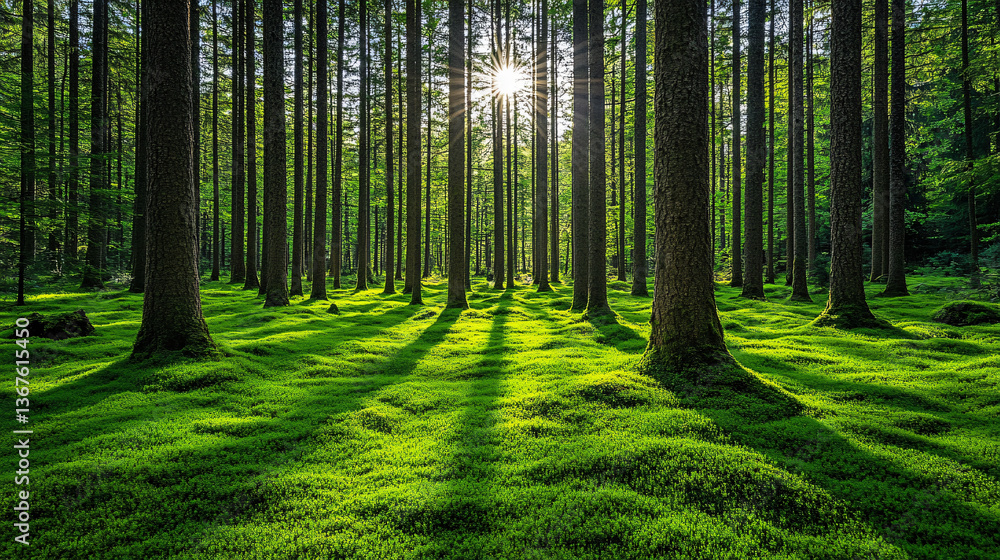 Aufkleber lush forest at dawn with soft light filtering through trees illuminating green grass creating a sere