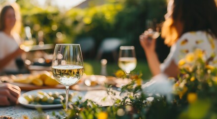 A sunlit garden setting with people enjoying white wine and conversation, evoking summer relaxation and social pleasure.