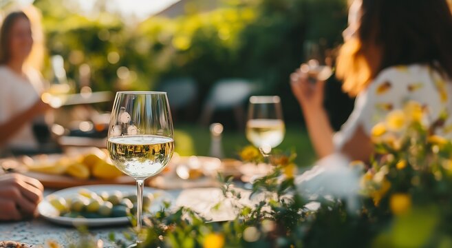 A sunlit garden setting with people enjoying white wine and conversation, evoking summer relaxation and social pleasure.