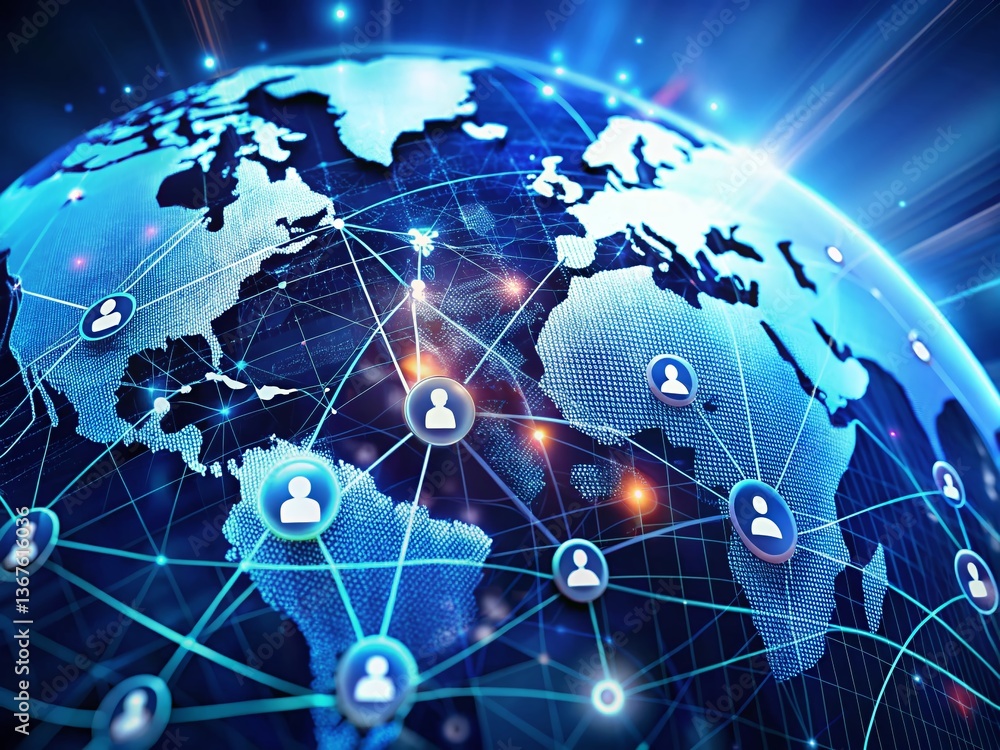 Poster global remote work network: tilt-shift digital connection on world map