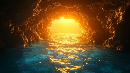 A secret underwater cave entrance glowing with faint golden light, hinting at hidden treasure