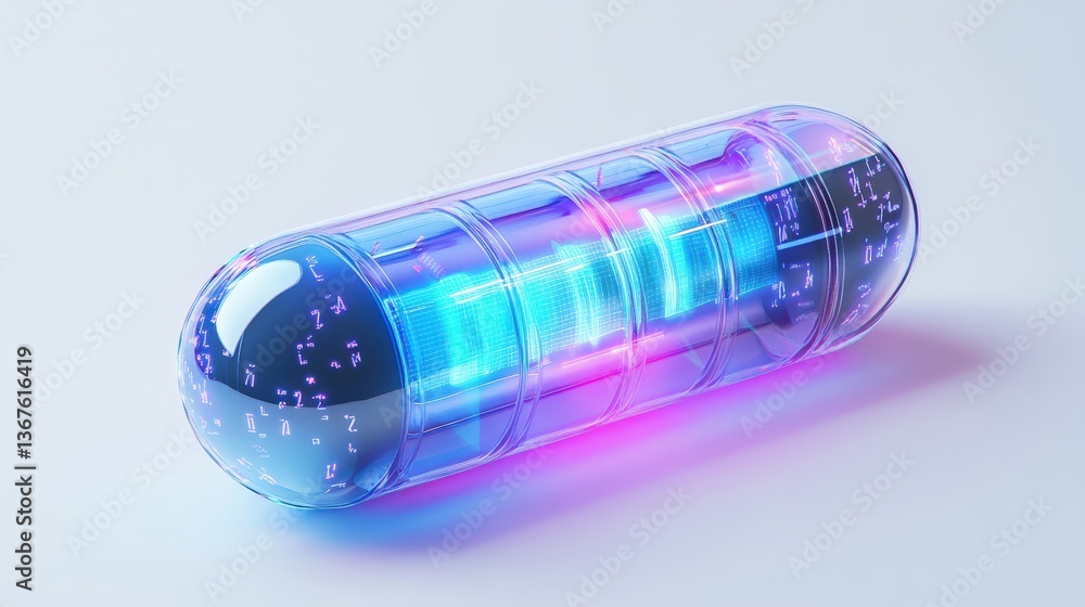 Poster glowing pill shape containing futuristic technology inside its transparent shell