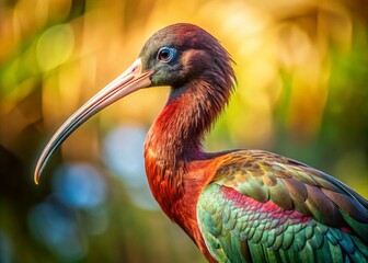 Naklejka premium Glossy Ibis Back Portrait: Iridescent Green & Red Feathers, Detailed Close-up
