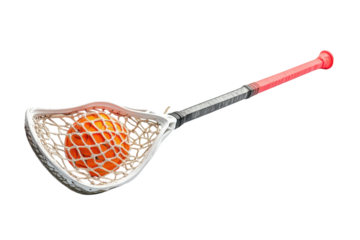 A vibrant orange lacrosse ball nestled in a lacrosse stick's net resting on a smooth surface isolated on transparent background