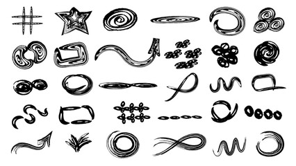 Set of hand drawn children's doodles, scribbles.Graphic set - arrows, circles, stars, sketch, highlighters, brushes, scribbles and doodles drawn with felt-tip pen, chalk, pen. Vector set.