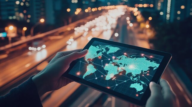 Person holding tablet displaying global network map at night.