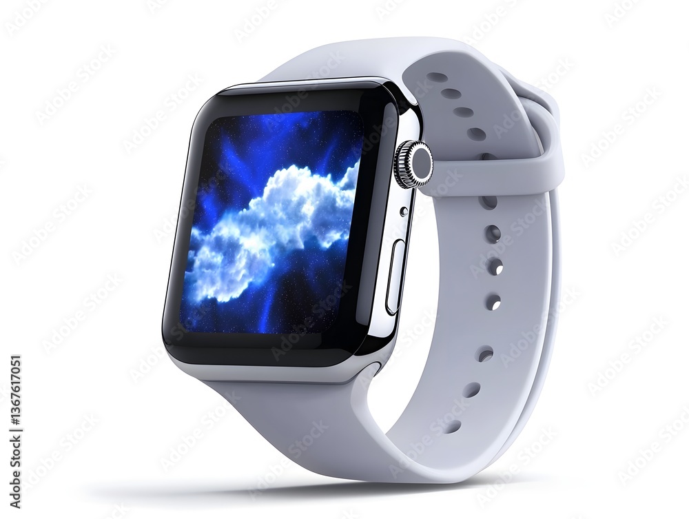 Poster sleek and minimalistic smartwatch with screen reflections displayed on a clean white background show