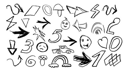 Punk doodle scribbles Kid's drawings, hand drawn childish funky shapes, crayon drawn squiggles and scrawls. Creative abstract vector messy doodles background. Quirky scribbles.