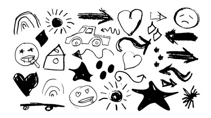 Punk Quirky scribbles doodle scribbles Kid's drawings, hand drawn childish funky shapes, crayon drawn squiggles and scrawls,car,house,emotion. Creative abstract vector messy doodles background.
