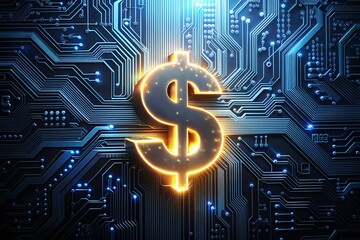 Glowing Digital Dollar Sign Silhouette on Circuit Board - Finance Technology Stock Photo