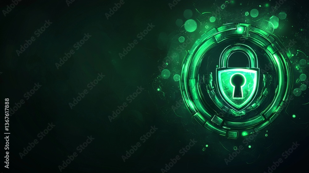 Poster a green bokeh background serves as the setting for a glowing digital lock symbol, which represents t