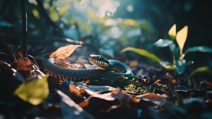 Fototapeta premium A snake is coiled amongst leaves and moss in sunlight