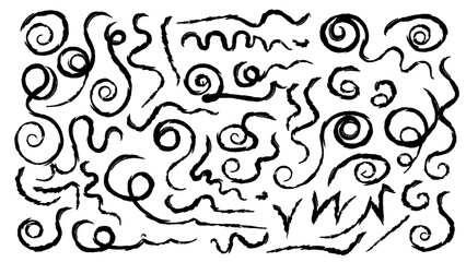 Fototapeta premium Marker black underline. Grunge brush strokes, lines, ink smudges, hand-drawn scribble shapes. Handmade sketchy marks, acrylic stains, charcoal streaks. Paint textures, dry brush effect.