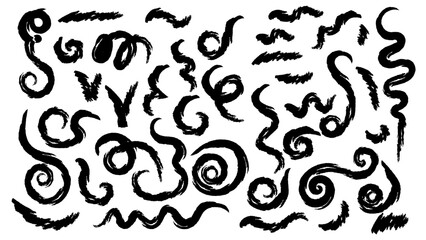 Scribbles and blots.Pencil-drawn doodles.Strokes, bends, lines. Handmade sketchy marks, acrylic stains, charcoal streaks. Paint textures, dry brush effect.