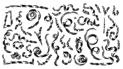 Marker underline. Grunge brush strokes, lines, ink smudges, hand-drawn scribble shapes. Arrow sketches collection - hand drawn doodle style pointers, curved lines, round swirls. Black grunge brush.