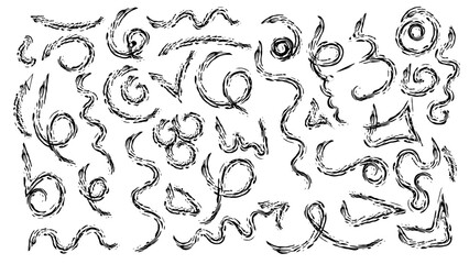 Grunge brush strokes, lines, ink smudges, hand-drawn scribble shapes. arrow sketches collection - hand drawn doodle style pointers, curved lines, round swirls.Black grunge brush strokes isolated.