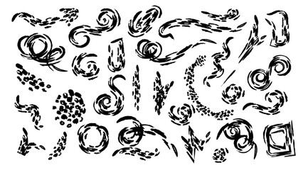 Black ink brush strok.Marker underline. Grunge brush strokes, ines, ink smudges, hand-drawn scribble shapes. Handmade sketchy marks, acrylic stains, charcoal streaks. Paint textures, dry brush effect.