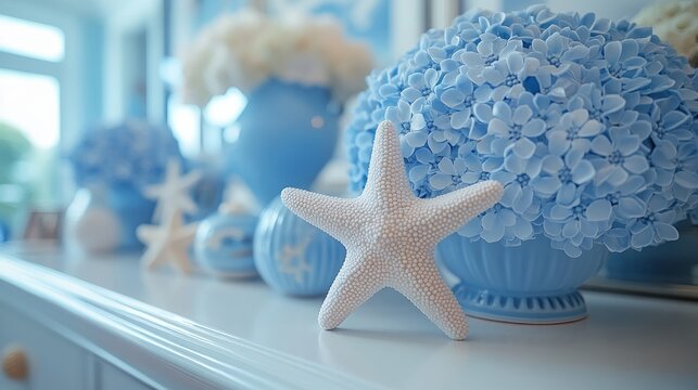 Textured starfish rests beside vibrant blue hydrangeas, creating a calming coastal atmosphere in a bright room