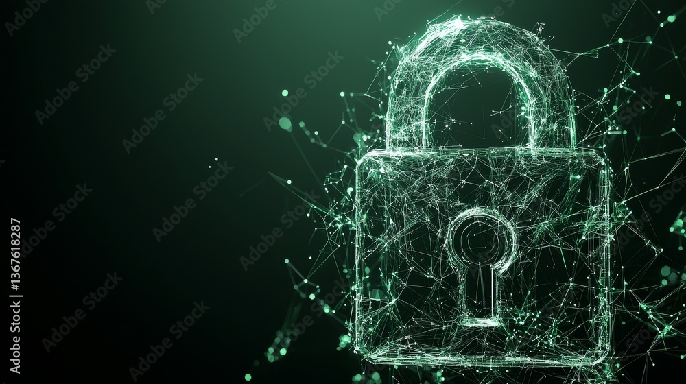 Poster a digital lock that glows, surrounded by connected lines, set against a dark background with a bokeh