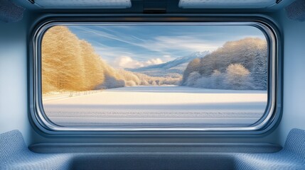Window to Winter Wonderland: A scenic view of snow-covered mountains and a frozen lake framed by a train window, inviting you to escape into a world of serene tranquility.