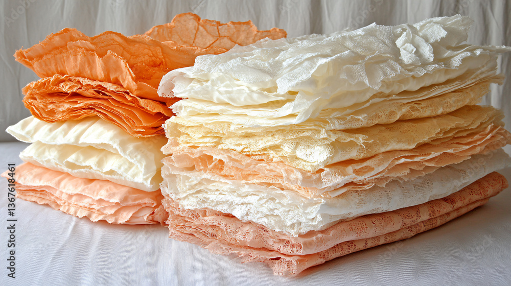 Poster neatly folded pile of cloth in soft hues displaying subtle color shifts and gradients creating a coz