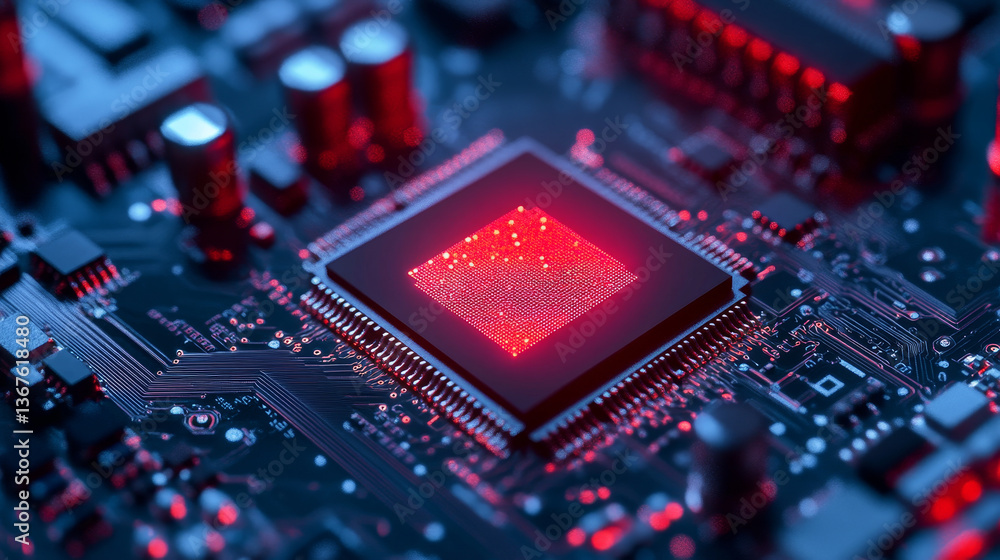 Poster close-up of advanced computer chip illuminated with red light in industrial environment. microchip o
