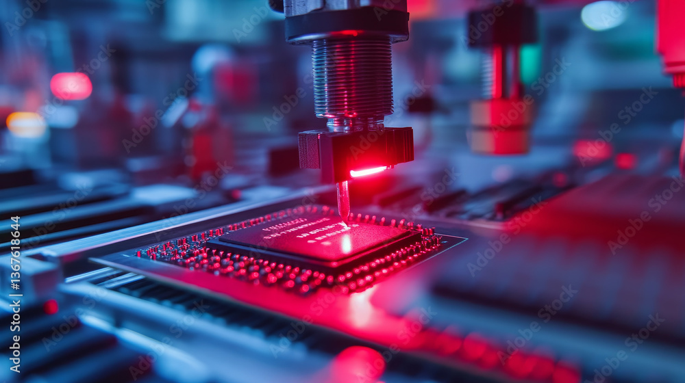 Poster close-up of advanced computer chip illuminated with red light in industrial environment. microchip o
