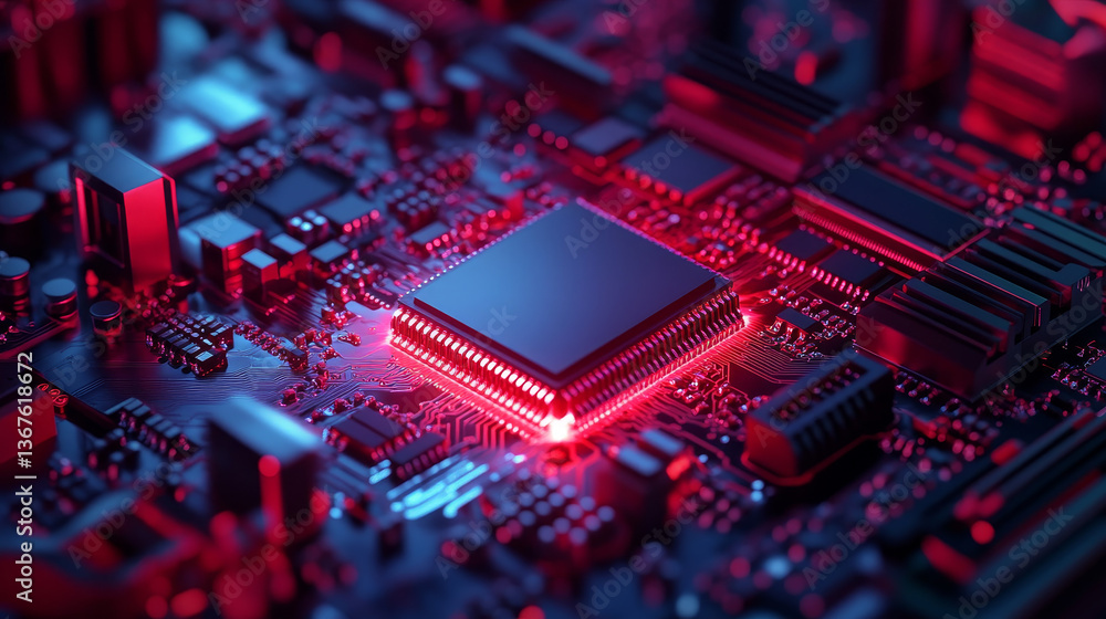 Poster close-up of advanced computer chip illuminated with red light in industrial environment. microchip o