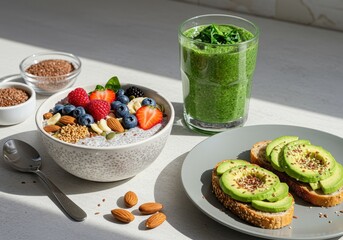 Healthy breakfast spread with smoothie, fruit bowl, and avocado toast on a sunlit table
