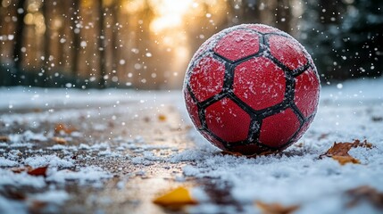 Fototapeta premium A red soccer ball rests on frosty ground, amidst snowflakes and autumn leaves, evoking winter sports nostalgia