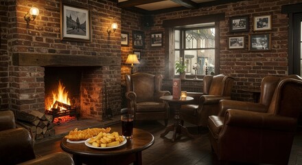 Fototapeta premium Cozy pub ambiance featuring brick walls, brass taps, and a fireplace near fish and chips on a table