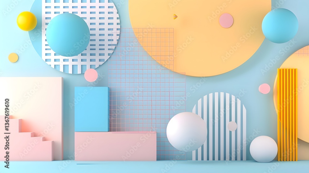 Poster vibrant pastel geometric abstract with retro memphis inspired palette and modern minimalist composit