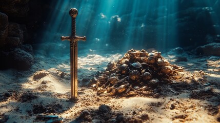 Naklejka premium An ancient sword embedded in the sand next to a pile of treasure underwater 