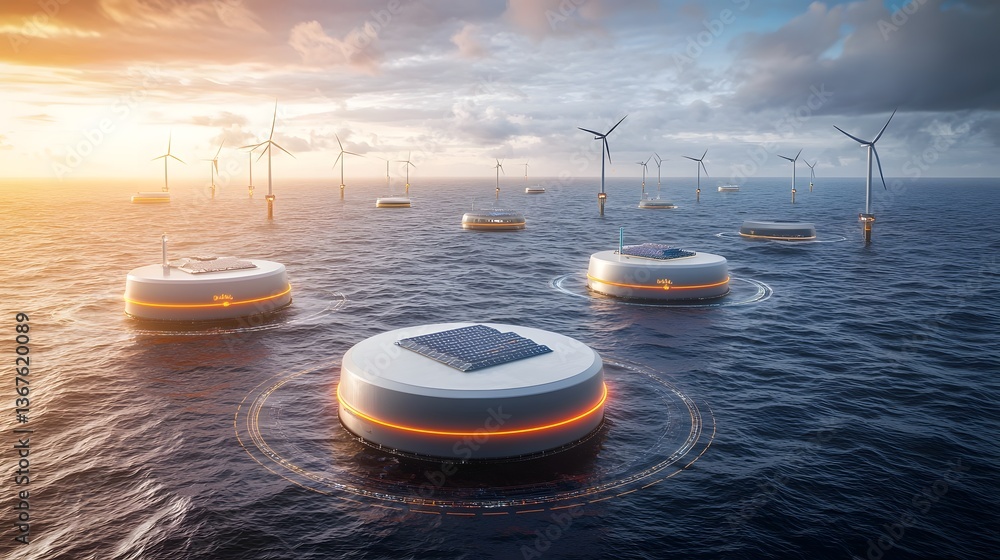Poster visualization of a futuristic ai powered sustainable energy infrastructure featuring massive offshor