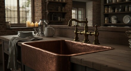 Well-designed vintage English kitchen featuring a copper sink and bronze taps