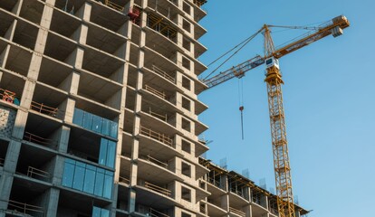 Construction site featuring yellow crane and partially constructed building in urban environment, highlighting development.