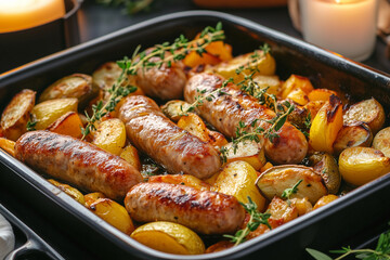 Juicy sausages roasting with colorful grilled vegetables in an air fryer, creating a delicious and healthy homemade meal with a cozy candlelit ambiance