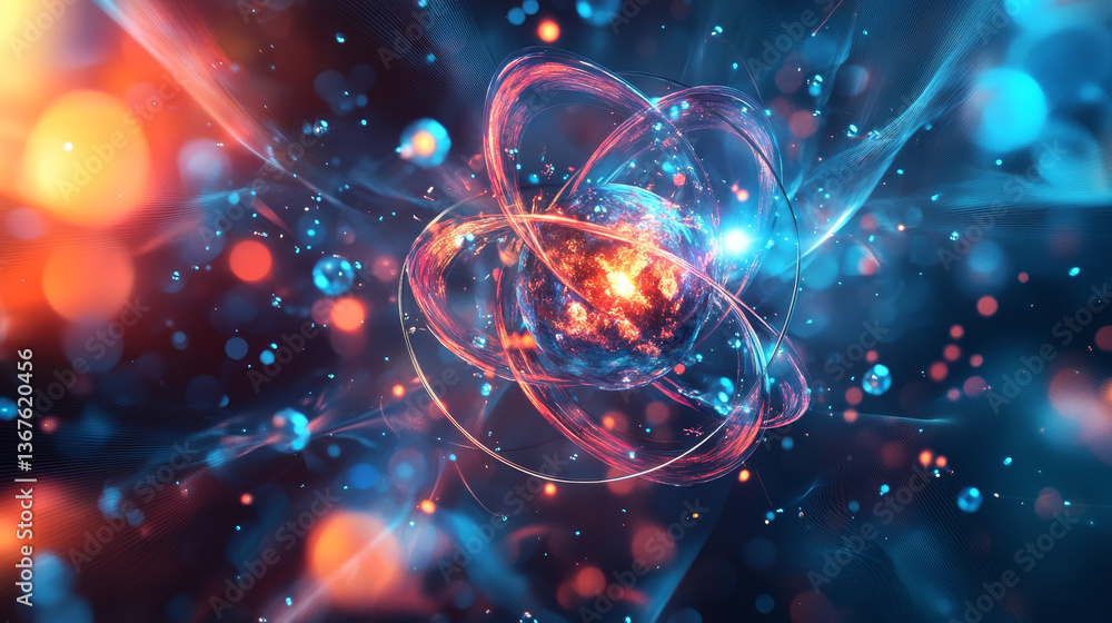 Poster development of nuclear or atomic technology. interaction of different studies. isometric vector illu