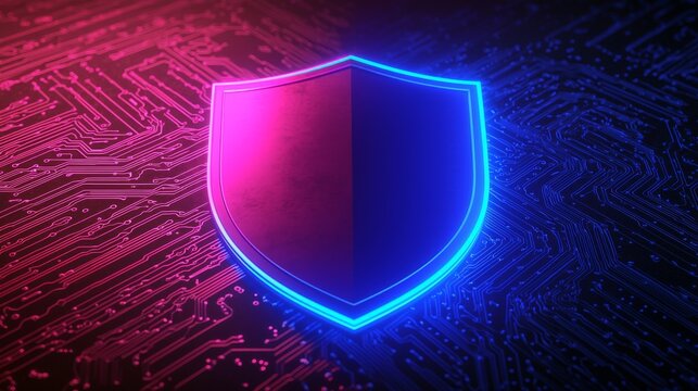 A symbol of a digital shield in vibrant colors represents cybersecurity and data protection, making it an ideal choice for themes centered around tech and security