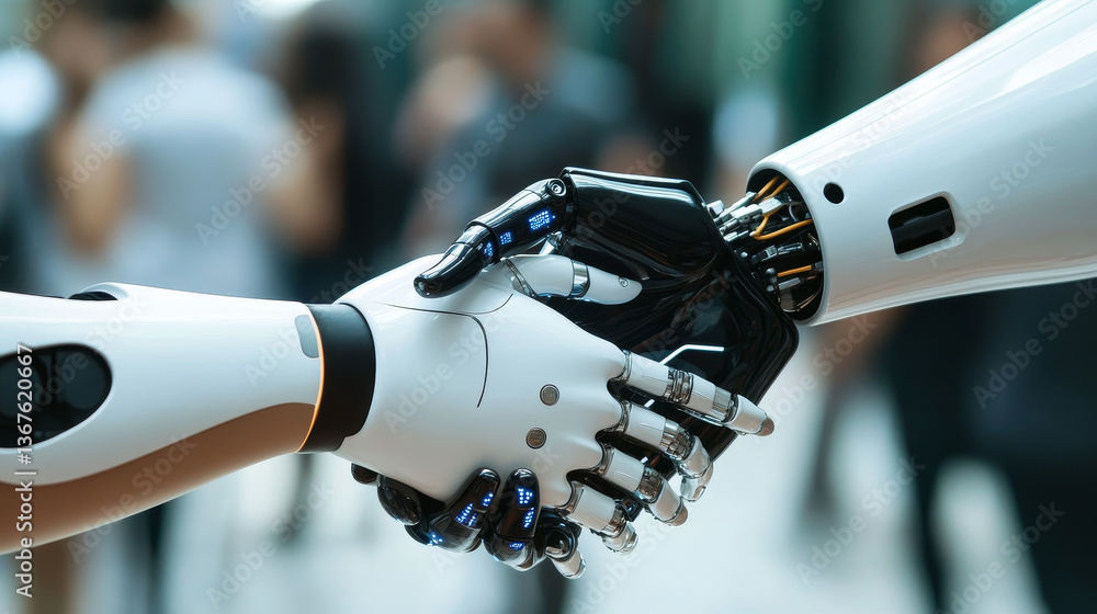 Poster isometric robot with ai or artificial intelligence handshake with human concept. symbol of future co