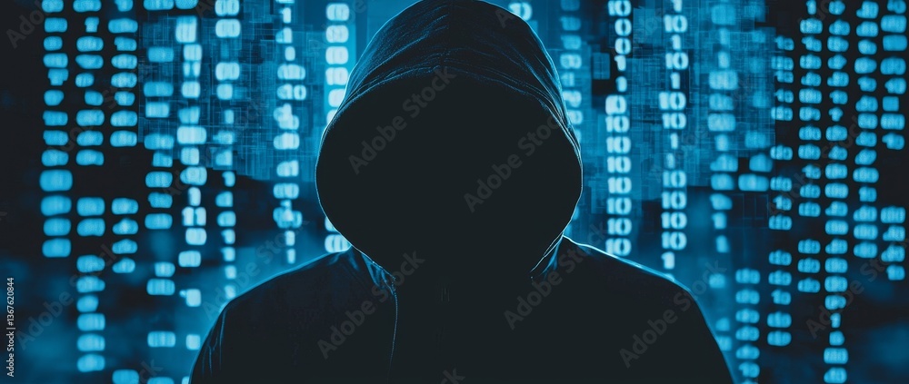 Poster the hooded enigma is deeply engrossed in analyzing data, stirring thoughts of cybersecurity and clan