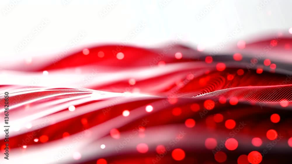 Poster a white background with a vibrant red digital fingerprint, each ridge lined with tiny moving lights,