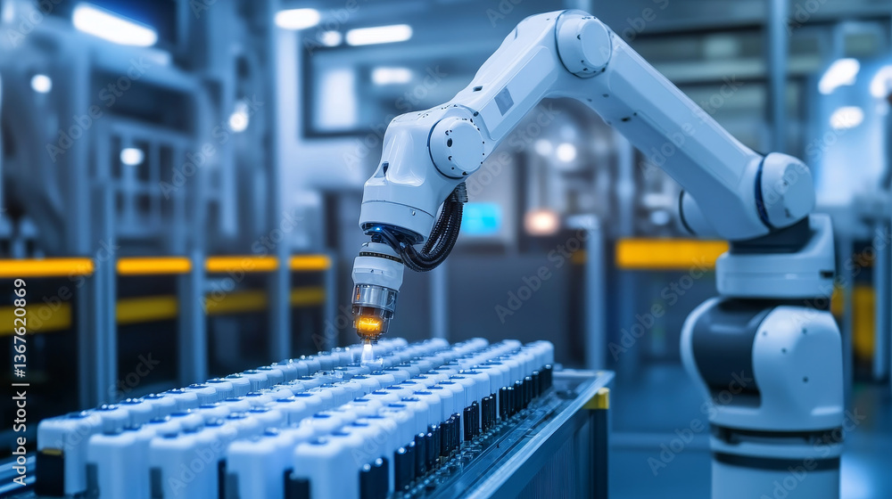 Poster 3d rendering robotic arm with solid-state battery cells manufacturing